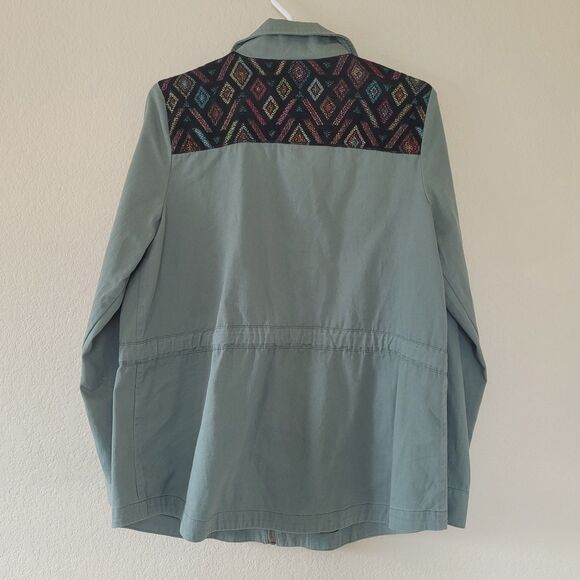Modcloth Aztec Utility Green Jacket Medium Green Army Pockets Embroidered Boho - Picture 7 of 7
